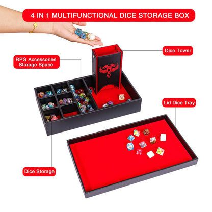 Multifunction Dragon Dice Box Leather 3 in 1 Dice Case & Tray & Tower Big Dice Holder for D&D, RPG, Tabletop Games Lover Gift