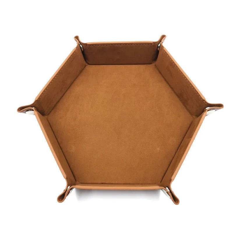 Folding Hexagon Dice Game Storage Tray Leather&Velvet Mat DIY Household Office Supplies Coin Desktop Jewelry Makeup Key Tools