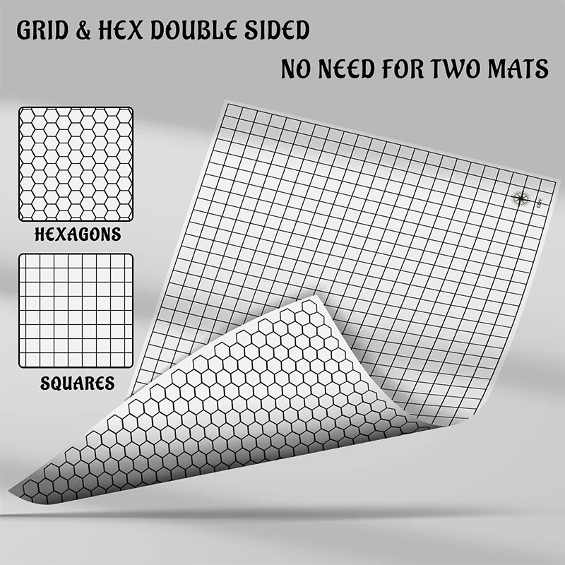 DND RPG Gaming Mat Silicone Battle Board Double-Sided Square & Hex 23"X35" - Foldable and Rollable - Perfect for Tabletop RPG