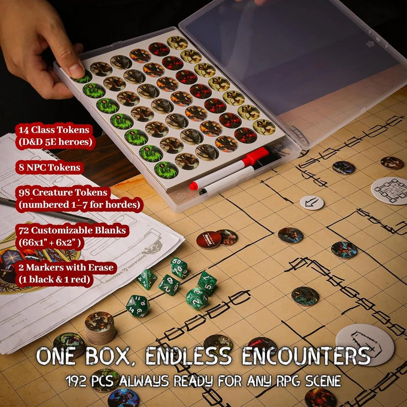 RPG Dry Erase Token Set - 192 PCS | Reusable Blank Tokens, Creature Tokens, 5E Class Characters with Maker Pens
