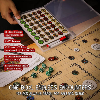RPG Dry Erase Token Set - 192 PCS | Reusable Blank Tokens, Creature Tokens, 5E Class Characters with Maker Pens